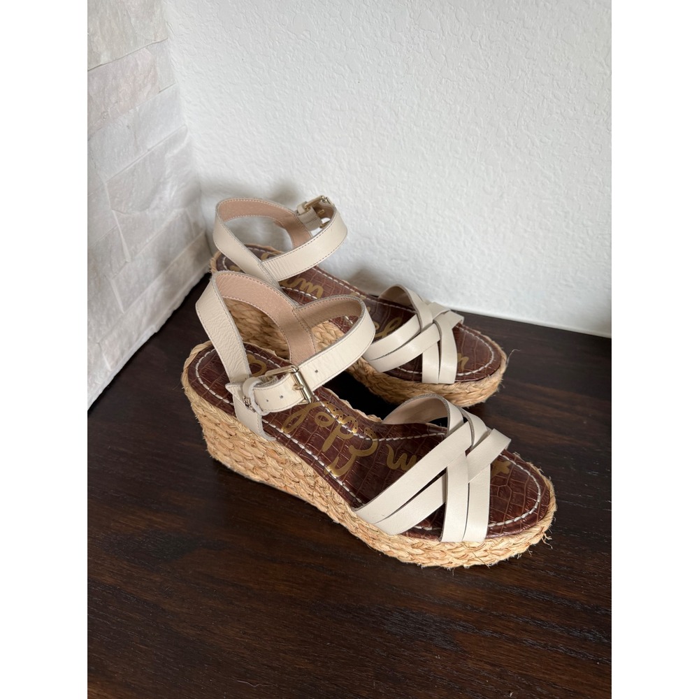 Sam Edelman Cream Leather Raffia Wedge Espadrille Sandals Size 9